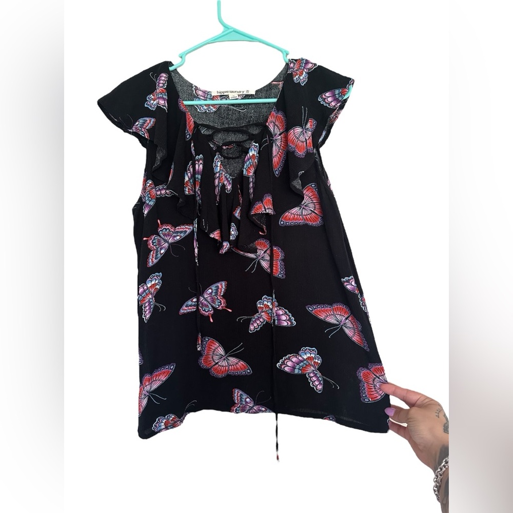 Hippie Laundry Black Blouse with Red & Blue Butterfly Print M